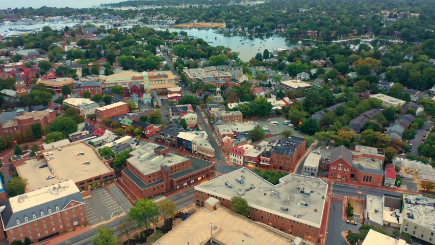 Aerial drone footage of Annapolis, Maryland early in the morning. Annapolis is the capital of the U.S. state of Maryland, as well as the county seat of Anne Arundel County.