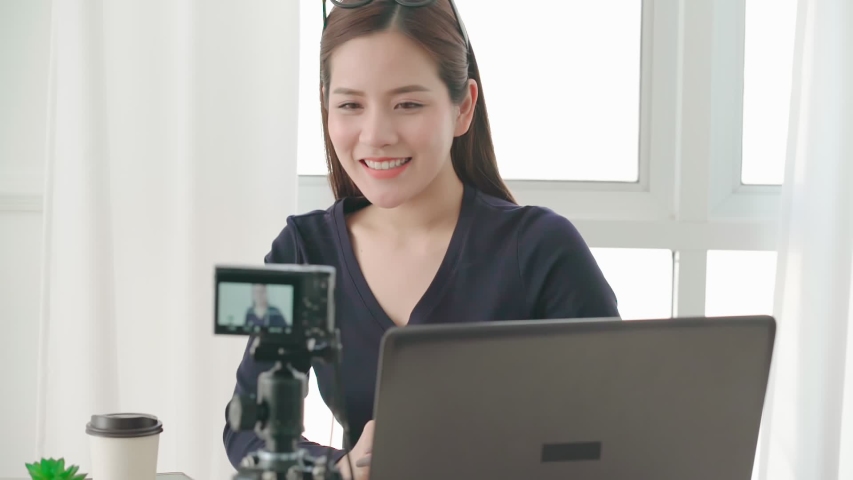 beautiful asian woman long hair influence show makeup step lives on social media with happiness and joyful