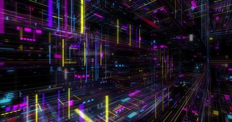 Seamless loop of abstract matrix hologram digital data flow. fly through time and space, warp through science fiction binary code particles network. Science and Technology concept. 3D render