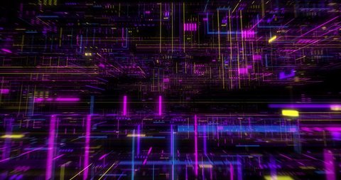 Seamless fly through of abstract circuitry with digital grid background, Data deep learning computer machine. AI artificial intelligence and ML machine learning concept. loop, 3D render