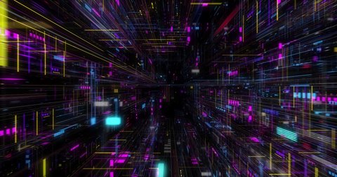 Seamless fly through of abstract circuitry with digital grid background, Data deep learning computer machine. AI artificial intelligence and ML machine learning concept. loop, 3D render