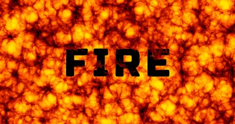 Word FIRE engulfed into flames that are burning around like a small explosion in yellow, orange, red and black colours
