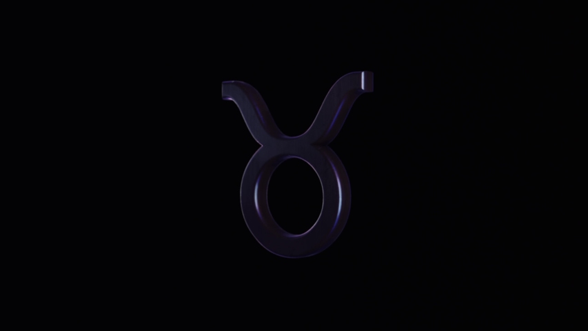 Zodiac symbol or Taurus sign. Animation. 3D zodiac sign on black background. Textured volumetric zodiac sign Taurus rotating on black background