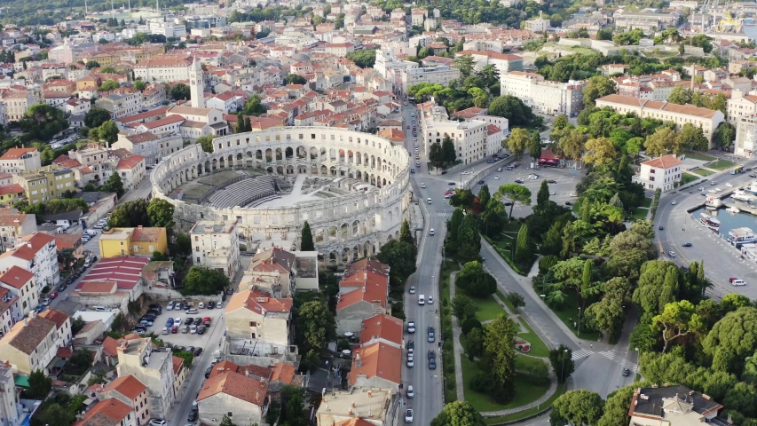 Aerial view on Arena in Pula, croatia antique style amphitheatre in city | Shutterstock HD Video #1039056758
