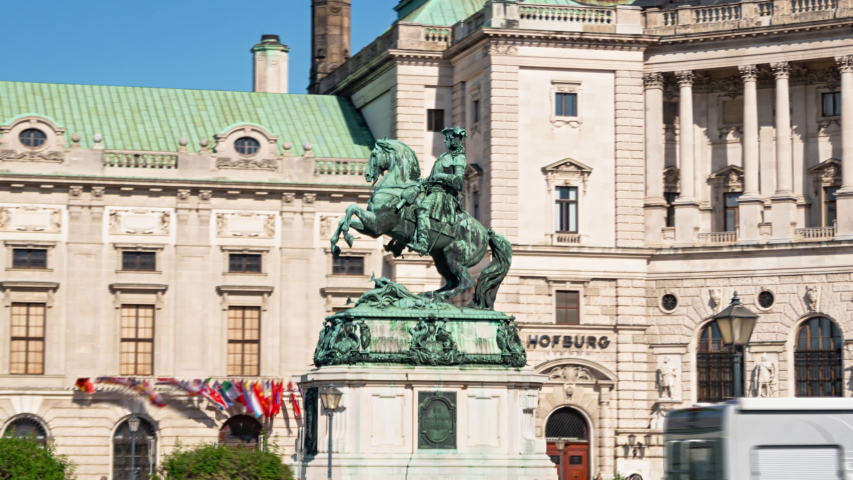 Close-up hyper-lapse  of Imperial Palace Hofburg and Statue of Prince Eugene of Savoy, Vienna, Austria