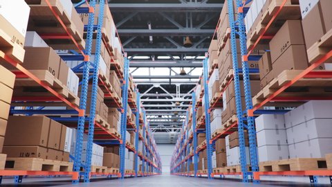 Warehouse with cardboard boxes inside on pallets racks, logistic center. Huge, large modern warehouse. Warehouse filled with cardboard boxes on shelves. Low angle view 3D animation
