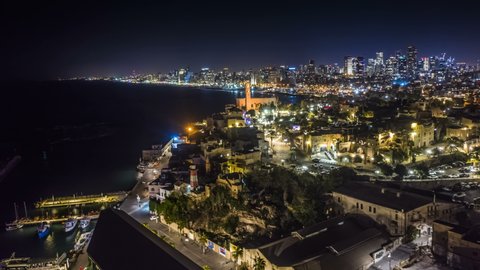 [Hyperlapse] Jaffa and Tel Aviv night skyline, Israel, 4k aerial drone view
