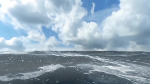 Animated panoramic view of a ocean, waves  and blue sky.
