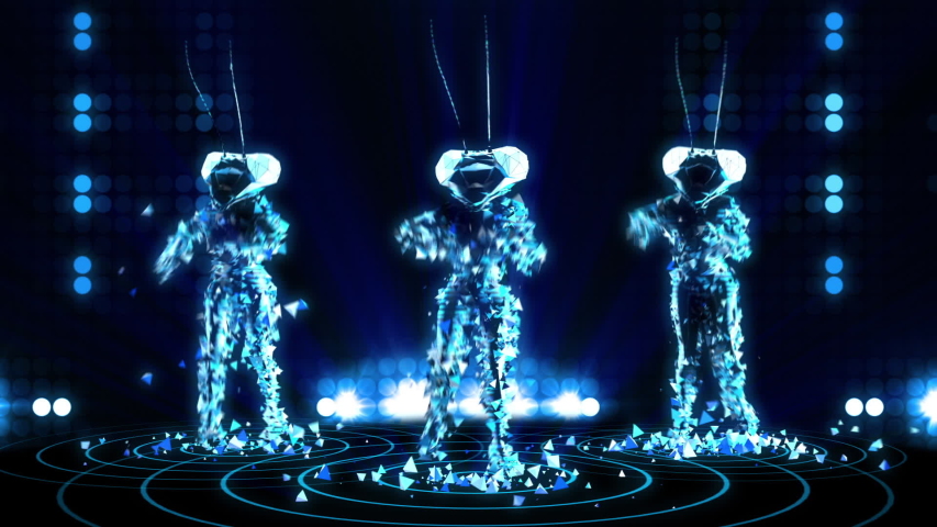 looping dancers made of LED lights wearing mantis helmet and dancing in a digital space with particles and reflections