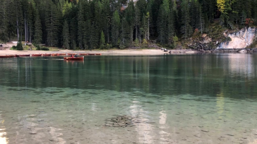 View of Pragser Wildsee or Braies Lake at autumn, located in the Prags valley in South Tyrol,  Dolomites, Italy