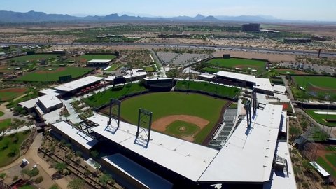 Scottsdale , AZ / United States - 06 16 2016: aerial shot of an Empty Baseball stadium in Scottsdale Arizona