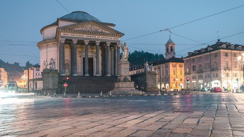 Turin, Italy - October 10, 2019. Church of Gran Madre di Dio at sunset, night Time Lapse, Turin