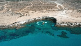 
Cape Cavo Greco boat. aerial video tape-assisted. Mediterranean Sea. Cyprus Ayia Napa Protaras 2019 