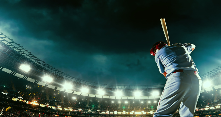 Baseball male player in action during the game on a professional baseball stadium. He wears unbranded sport clothes. The stadium is made in 3D.