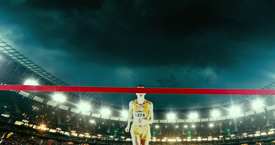 Track and field female runner crosses finishing line on the professional sports arena. The man is happy, smiling with his arms raised. Arena and people on it are made in 3D and animated. Royalty-Free Stock Footage #1039098677