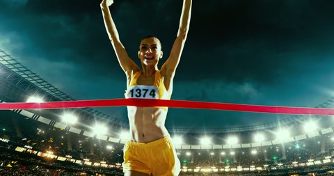 Track and field female runner crosses finishing line on the professional sports arena. The man is happy, smiling with his arms raised. Arena and people on it are made in 3D and animated.