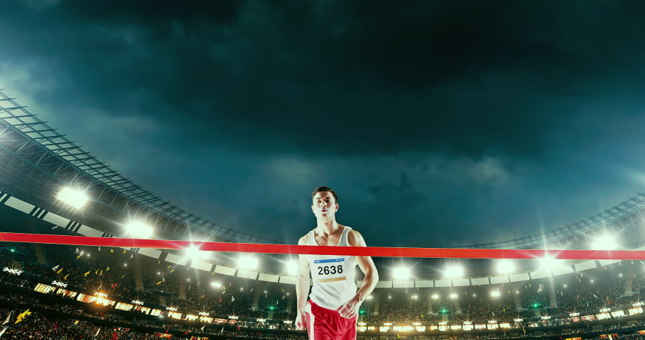 Male track and field runner crosses finishing line on the professional sports arena. The man is happy, smiling with his arms raised. Arena and people on it are made in 3D and animated. Royalty-Free Stock Footage #1039099112