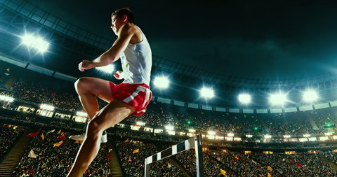Male athlete hurdle on sports race. The action takes place on a professional sports arena with bleaches full of people. Arena and people on it are made in 3D and animated.