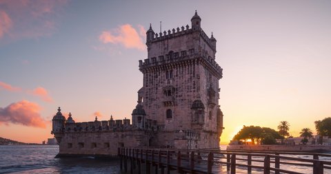 Belem tower timelapse at sunset, Lisbon, Portugal.