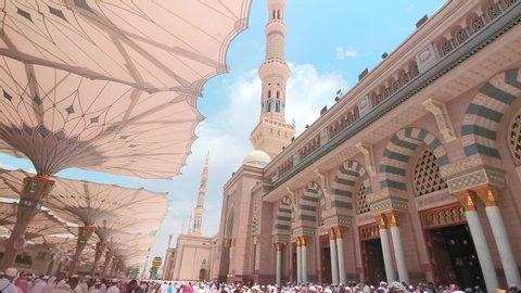 MEDINA, SAUDI ARABIA - September 6, 2018: Clips video of exterior view of  Masjidil Nabawi (Nabawi Mosque) in Medina. 24 frame rate clips