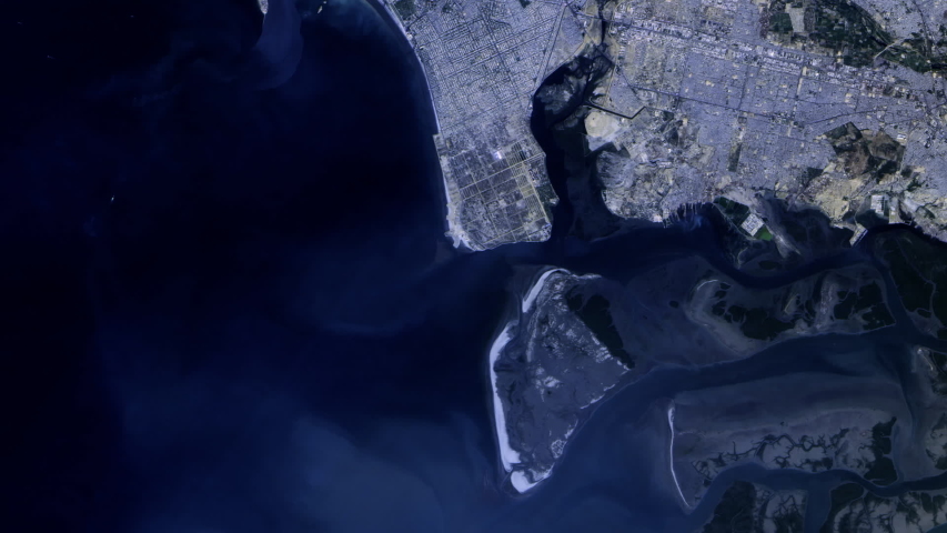 Coast and city Karachi Pakistan Asia aerial satellite view animation. Contains public domain image by Nasa