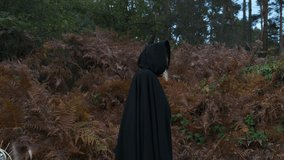 Witch Figure In Black Hooded Cloak. Witch Stands In The Middle Of The Forest And Opens Her Eyes. She Raises Her Hands.