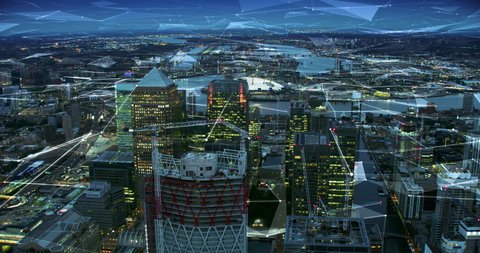 Aerial view of London Skyline with connections. Technology-Futuristic. High tech view of the financial district connected through a network. Internet of Things. Artificial intelligence. RED 8K.