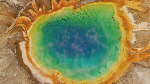 Yellowstone National Park, Wyoming. Aerial view of Grand Prismatic Hot Spring in Yellowstone National Park. Shot from helicopter with Shotover gimbal and RED 8K camera.