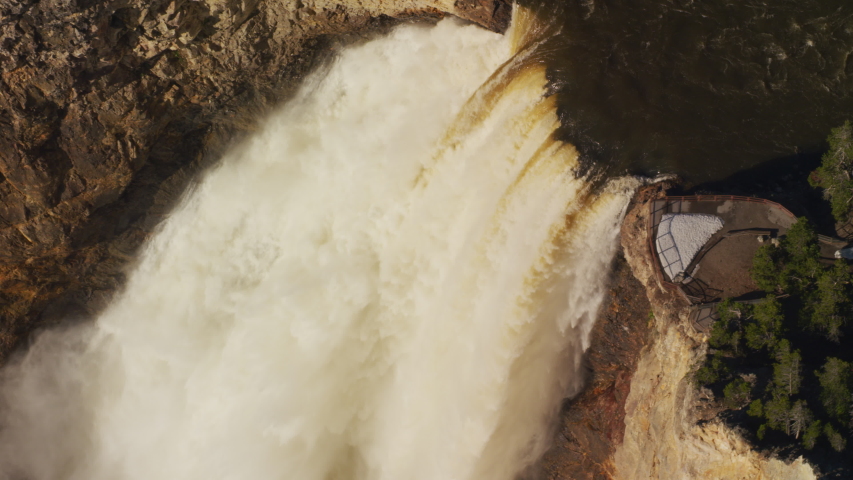 Yellowstone National Park, Wyoming. Grand Canyon, Lower Falls and Yellowstone River. Shot from helicopter with Shotover gimbal and RED 8K camera.