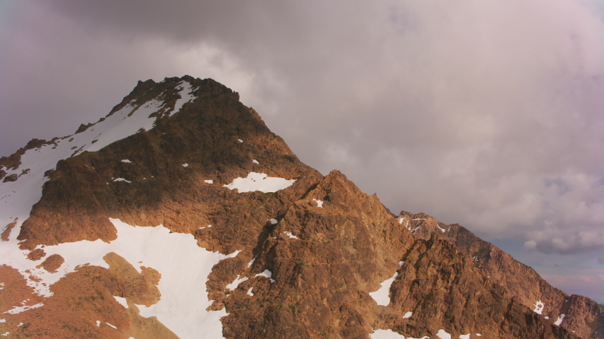 Mount Baker, Washington circa-2019. Aerial view of Mount Baker area. Shot from helicopter with Cineflex gimbal and RED 8K camera.