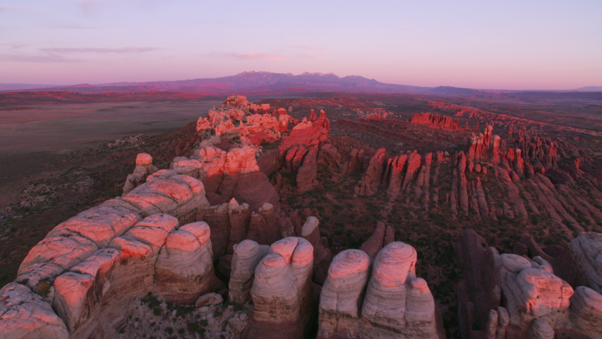 Arches National Park, Utah circa-2019. Aerial view of Arches National Park. Shot from helicopter with Cineflex gimbal and RED 8K camera.