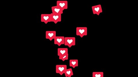 Animation like icons motion background. Social love hearts icons floating from the bottom like particles on isolated black background