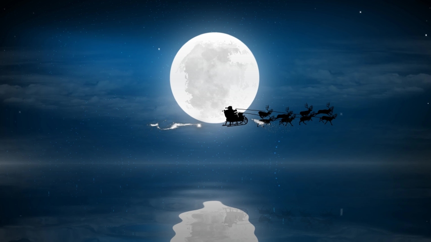 Christmas night with full moon and water with Santa Claus sleight and reindeer silhouette enter and exit flying with text space to place, animated Christmas present greeting post card 4k video.