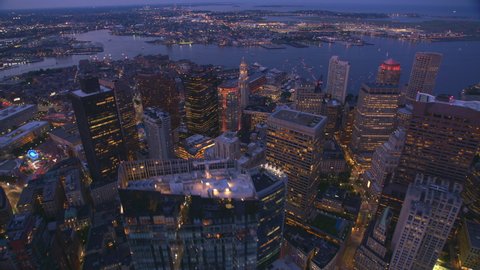 Boston, Massachusetts circa-2019. Aerial view of Boston at sunset. Shot from helicopter with Cineflex gimbal and RED 8K camera.