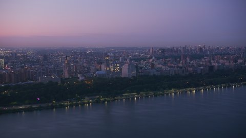 New York City, New York circa-2019. Aerial view of New York City at sunrise. Shot from helicopter with Cineflex gimbal and RED 8K camera.