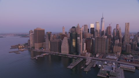 New York City, New York circa-2019. Aerial view of Manhattan at sunrise. Shot from helicopter with Cineflex gimbal and RED 8K camera.