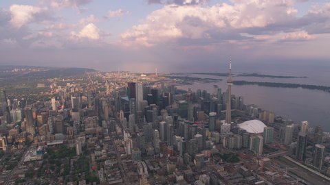 Toronto, Canada circa-2019. Aerial view of Toronto at sunset. Shot from helicopter with Cineflex gimbal and RED 8K camera.