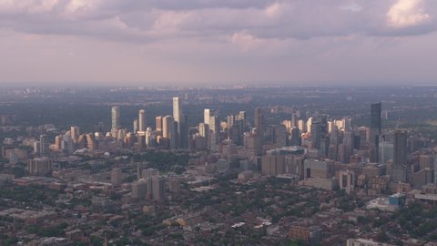 Toronto, Canada circa-2019. Aerial view of Toronto. Shot from helicopter with Cineflex gimbal and RED 8K camera.