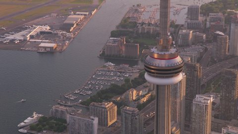 Toronto, Canada circa-2019. Aerial view of Toronto at sunset. Shot from helicopter with Cineflex gimbal and RED 8K camera.