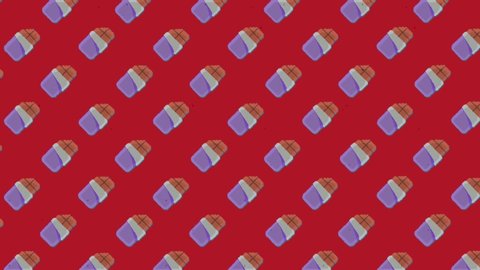 A nice drawing animation: a repeated pattern made of chocolate bars,ing to the upper left angle, over a red background.