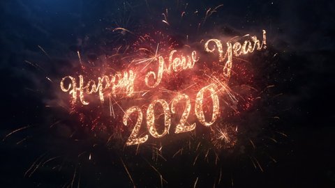 2020 Happy New Year greeting text with particles and sparks on black night sky with colored slow motion fireworks on background, beautiful typography magic design.