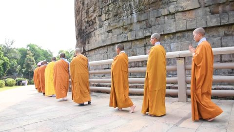 Group of Unidentified Buddhist monk rounding near Dhamek Stupa in Sarnath on 11th October 2019 Near Varanasi city, India