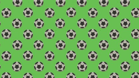 A sports animation: a repeated pattern of a soccer ball over a pale green background,ing to the upper-left angle of the screen.