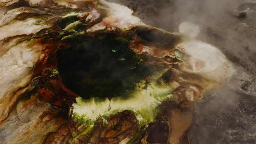 Mammoth Hot Springs in Yellowstone National Park, aerial view of Yellowstone lands and nature, cascade of hot springs