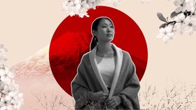 Loopable collage Japanese travel blog  poster. Stop motion staccato animation of a woman walking with the Japan flag, mount Fuji, Himeji Castle, and cherry blossoms in the background.  - Powered by Shutterstock - Get 15% off with code: PIKWIZARD15