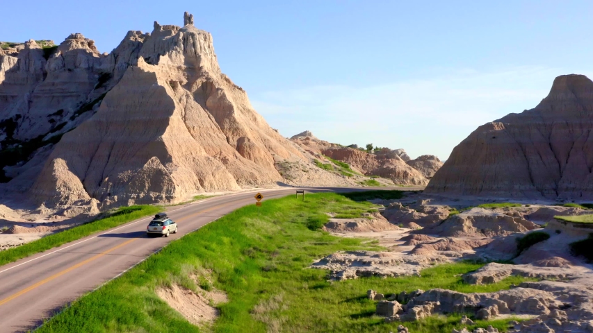 Driving Through the Badlands, Canyons & Rock Structures, Drone