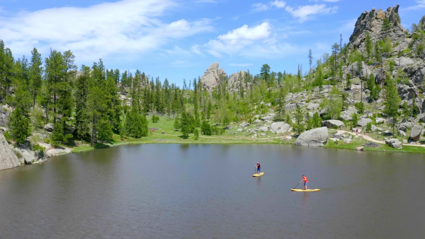 Aerial Drone View, Paddleboarders at Custer State Park