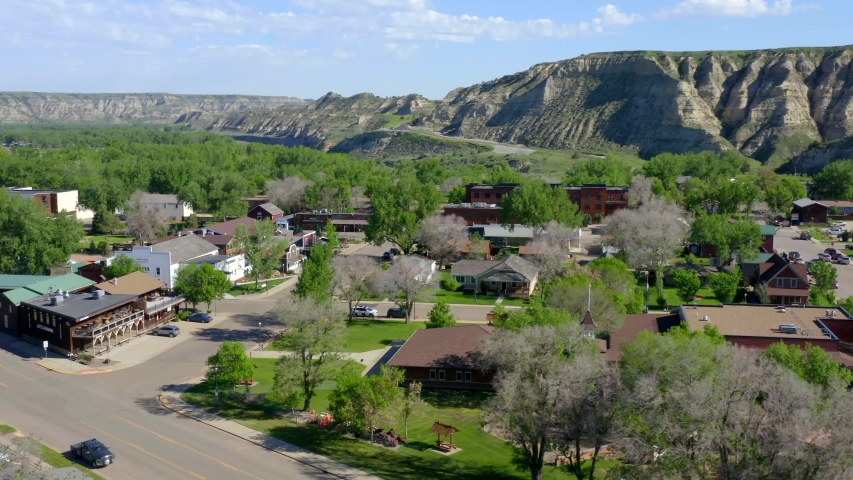 Two Hikers on Theodore Roosevelt National Park Canyon, Aerial Drone