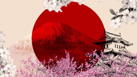 Room to put your text on this loopable collage Japanese travel blog  poster. Stop motion staccato animation of the Japan flag, mount Fuji, Himeji Castle, and cherry blossoms in the background. 