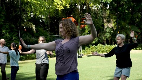 brisbane , qld / Australia - 05 05 2018: Training In The Park. Group Of People Practicing Taichi and Qigong. 4K